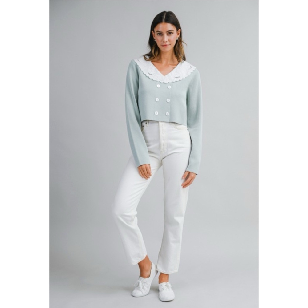 1141 • Seafoam Knit Double Breast Cardigan Top w/White Scallop Cotton Collar - Picture 11 of 11